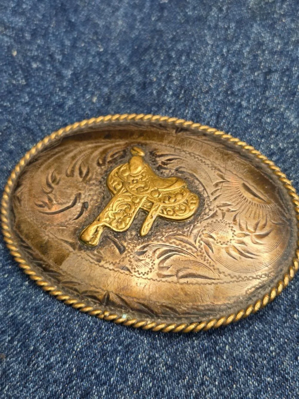 Vintage B-K Silversmith Hand Engraved Sterling Silver Front Saddle Belt Buckle